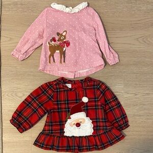 BUNDLE Baby Boden Pink Polka Dot & Mud Pie Red Plaid Holiday Long Sleeve Tops
